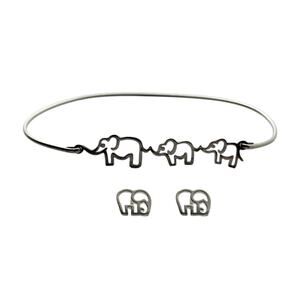 925 Sterling Silver Mama Elephant Baby Bangle Bracelet & Matching Earring Studs